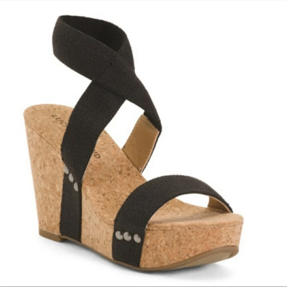 LUCKY BRAND | Marinah Black stretch wedge sandals heels women’s 9 - Picture 2 of 9